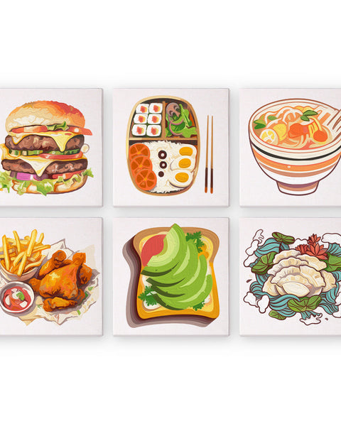 Flavors Around paint by numbers set featuring six vibrant food-themed canvases including a burger, sushi bento, ramen, fried chicken, avocado toast, and dumplings.
