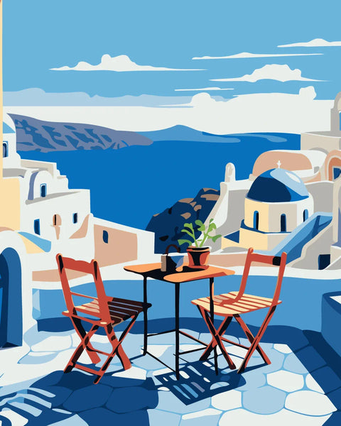 Scenic painting of a Santorini terrace overlooking the sea