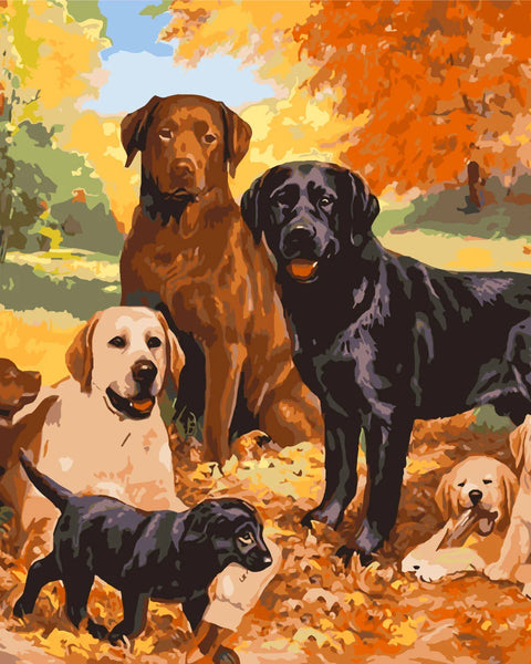 Labrador dogs and puppies in an autumn forest setting