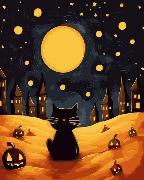 Black cat under a glowing moon with pumpkins and haunted houses