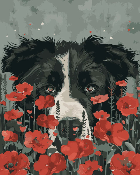 Border collie dog surrounded by vibrant red poppies in nature