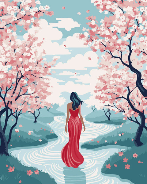 Woman in red dress walking through river surrounded by cherry blossoms