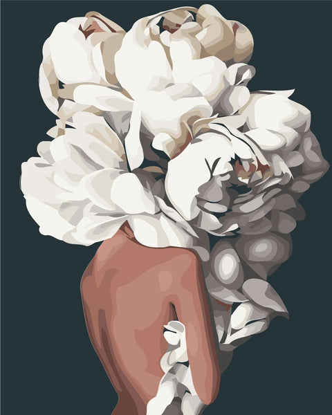 Surreal painting of a woman with large white peonies head
