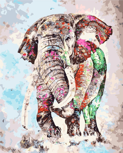 Vibrant abstract elephant painting with colorful artistic splashes