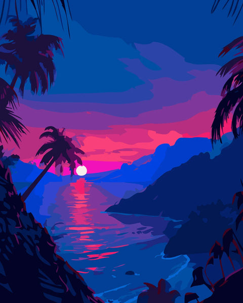 Tropical sunset over ocean with silhouetted palm trees and mountains