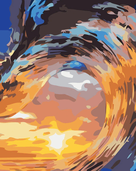 Giant ocean wave crashing with vibrant sunset reflections