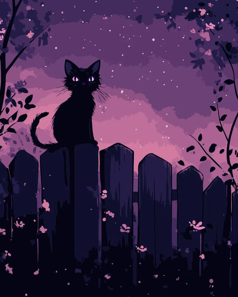A black cat with glowing eyes sits on a wooden fence under a starry purple night sky, surrounded by mystical foliage and soft moonlight.
