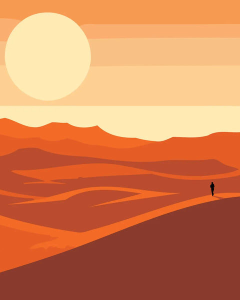 Minimalist desert landscape with a lone traveler under a large sun