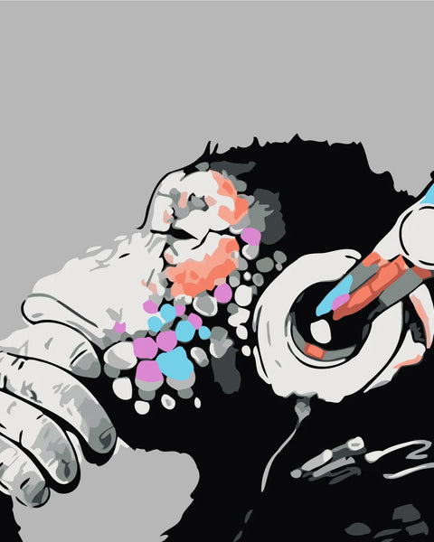Colorful abstract chimpanzee wearing headphones in a contemplative pose