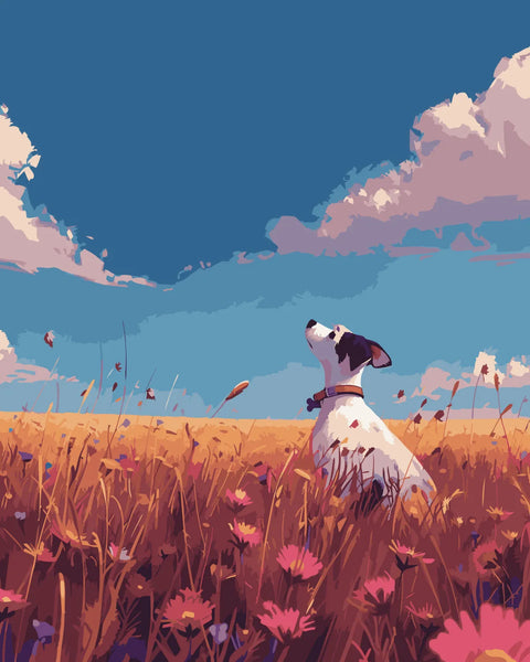 Dog in a wildflower field under a bright blue sky