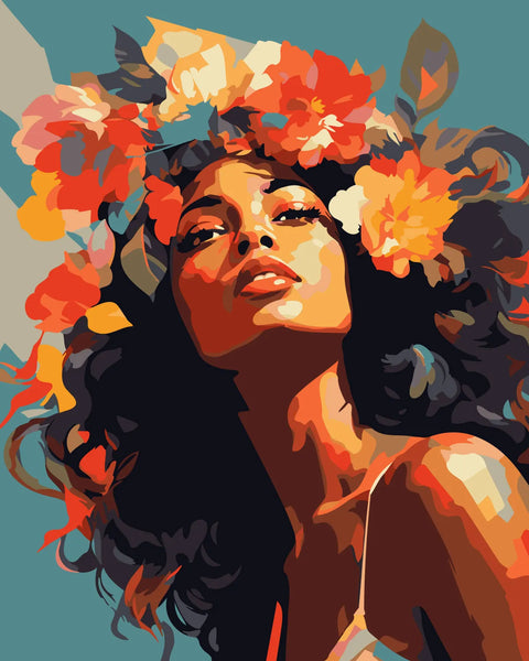 Woman with vibrant floral crown and expressive confident gaze