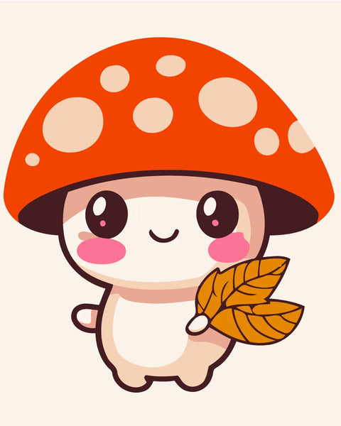 Cute cartoon mushroom character holding autumn leaves cheerful and adorable