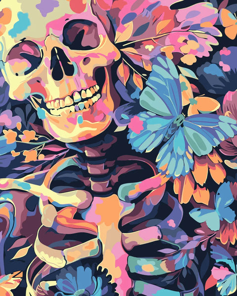 Colorful skeleton surrounded by vibrant flowers and blue butterflies