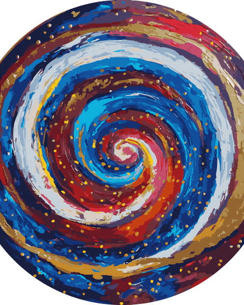 Abstract circular painting of a colorful swirling galaxy pattern