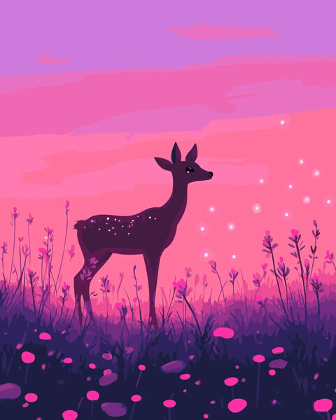 A delicate fawn stands gracefully in a glowing meadow at sunset, surrounded by wildflowers and soft floating lights, creating a serene and magical atmosphere.