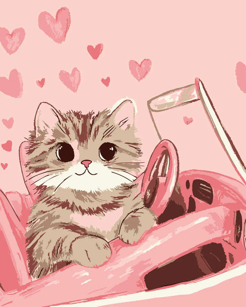 Cute fluffy kitten driving a pink car with floating hearts