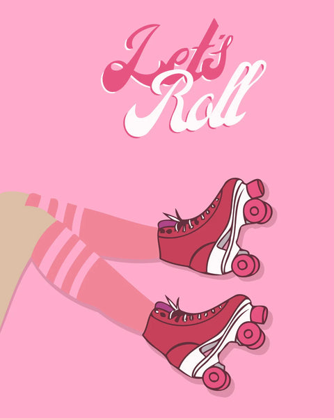 Retro pink roller skates with "Let’s Roll" typography design.