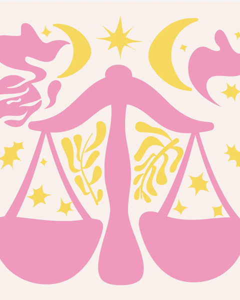 Libra zodiac sign with balanced scales, stars, and celestial elements.