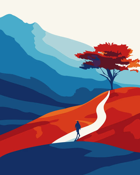A lone traveler walking a winding path toward a vibrant tree