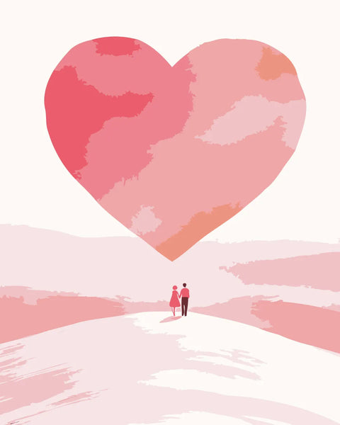 A couple holding hands under a large floating heart