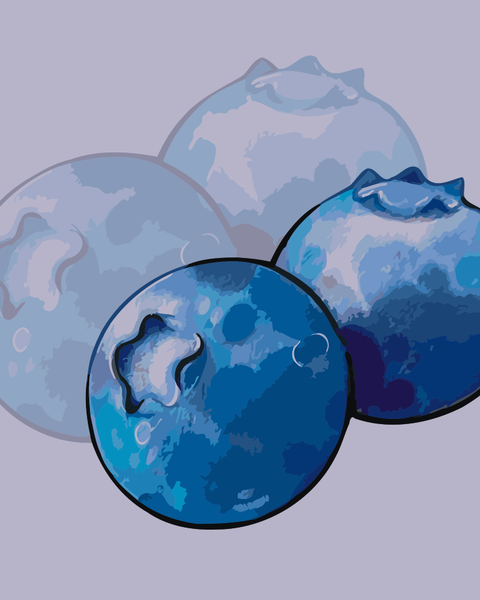 Stylized blueberries in rich blue and purple hues, designed by Kalinina, featured in the Blue Bites paint by numbers kit for kitchen or fruit-inspired wall art.