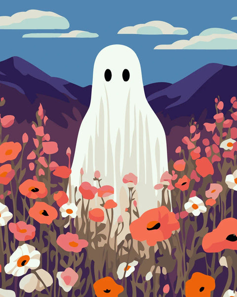 Ghost figure standing in a colorful flower field with mountains