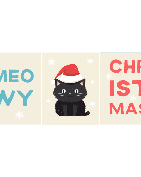 Cute black cat wearing Santa hat with "Meowy Christmas" text