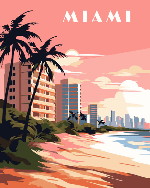 Vibrant digital painting of Miami beach skyline with palm trees