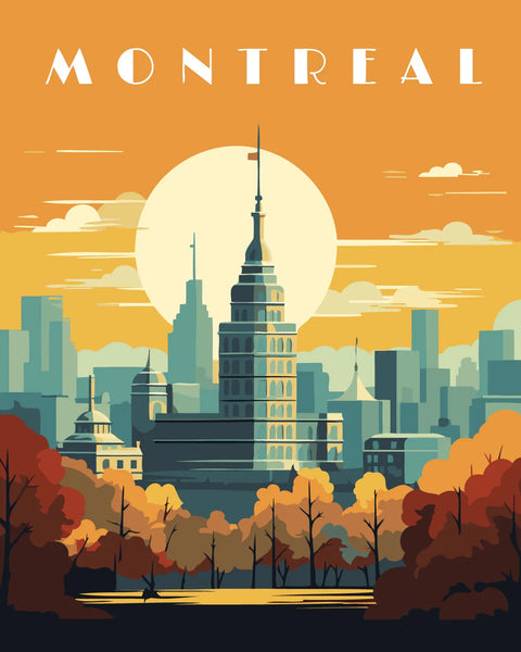 Stylized digital painting of Montreal skyline with autumn trees and sunset