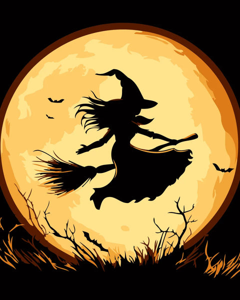 Silhouette of a witch flying on a broomstick against full moon