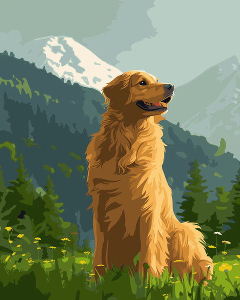 Golden retriever sitting in a mountain meadow with wildflowers