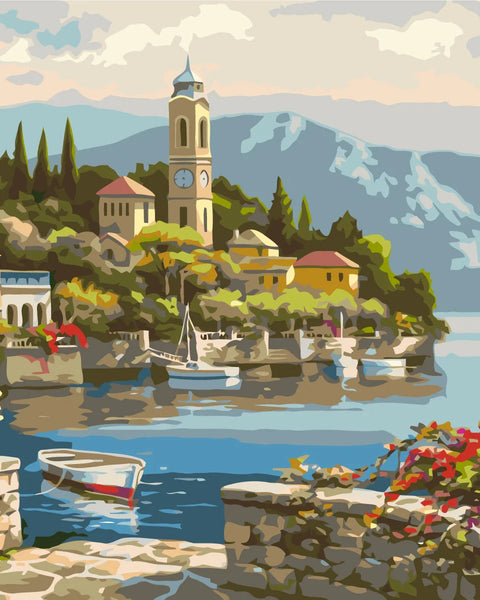 Painting of a picturesque lakeside village with boats and mountains