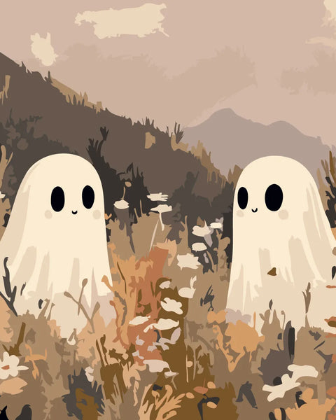 Cute ghost characters in autumn meadow fantasy painting