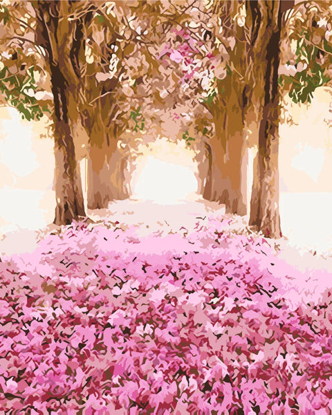 Tree-lined pathway with pink flower petals and soft sunlight painting