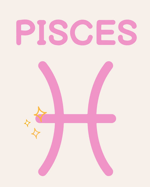 Pink Pisces zodiac symbol with sparkles on a neutral background
