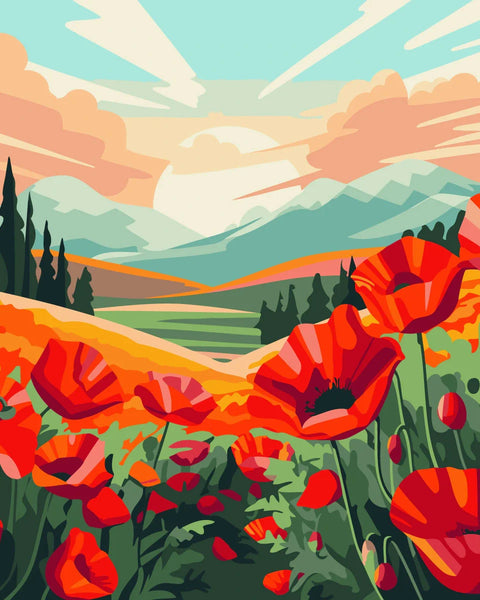 Vibrant painting of red poppy fields with mountains and sunset