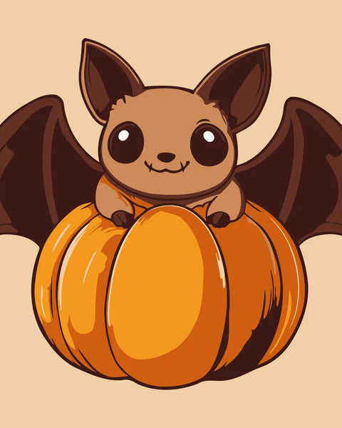 Cute cartoon bat sitting on a pumpkin in Halloween painting