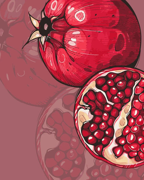 Illustration of a whole and cut red pomegranate with glossy seeds on a warm burgundy background, designed by Kalinina for the Red Pomegranate paint by numbers kit.
