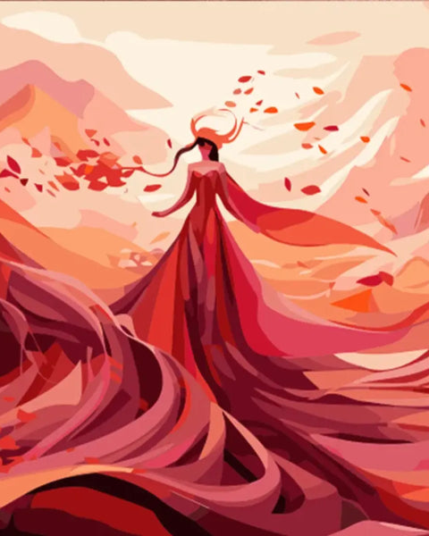 Painting of a woman in flowing red dress amidst swirling winds
