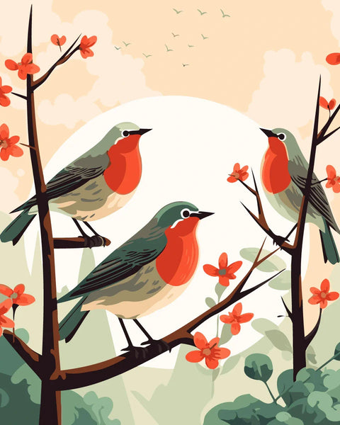 Painting of three red-breasted birds perched on flowering branches