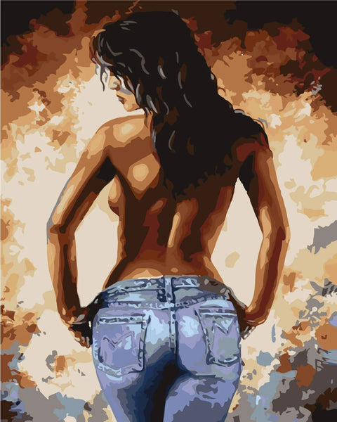 Painting of a topless woman in jeans with a fiery background