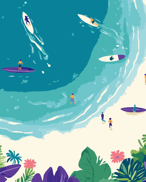 Painting of a tropical beach with surfers and lush green foliage