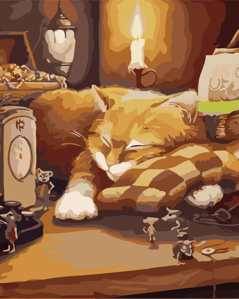 Stylized painting of a sleeping cat surrounded by tiny playful mice