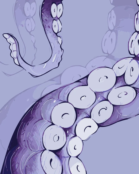 Stylized octopus tentacles in swirling violet tones on a soft purple background, illustrated by Kalinina for the Tentacle Twist paint by numbers kit.