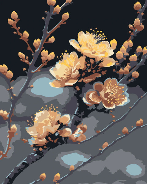 Stylized painting of golden blossom flowers on dark branches