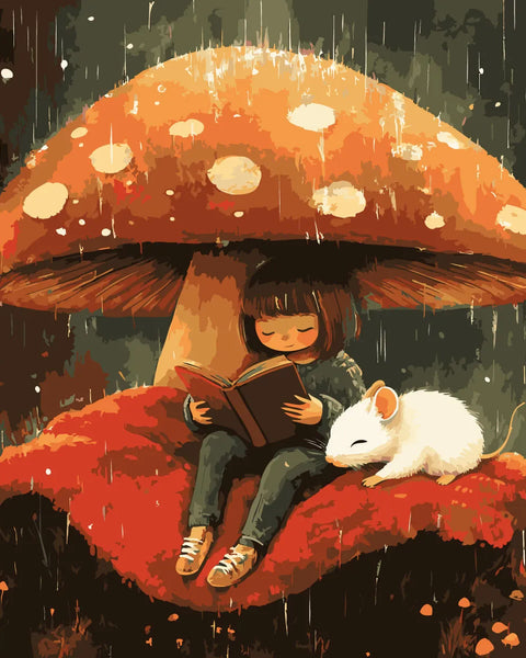 Whimsical painting of a girl reading under a giant mushroom