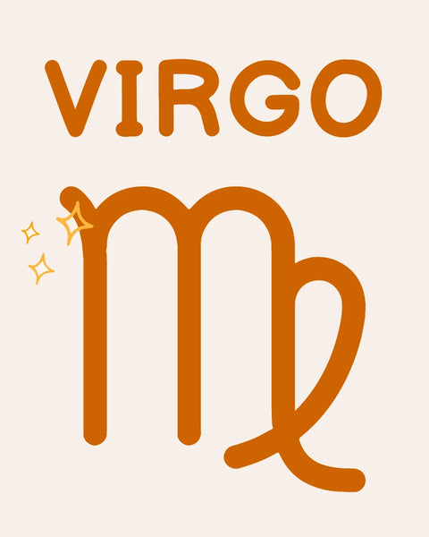 Virgo zodiac sign symbol with decorative stars and text