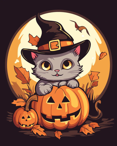 Cute Halloween cat wearing a witch hat inside a pumpkin