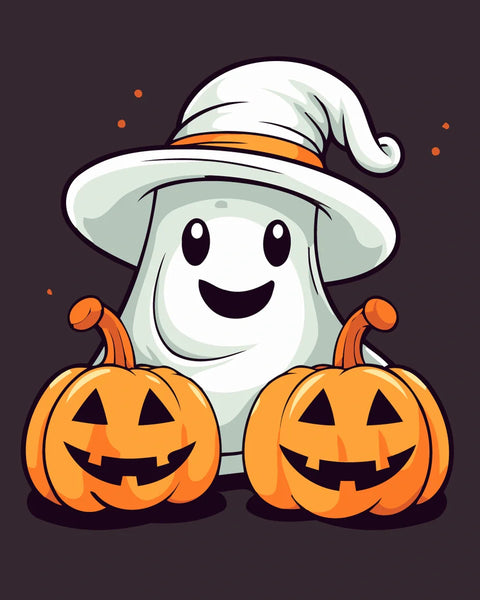 portrait of ghost and 2 pumpkins Halloween