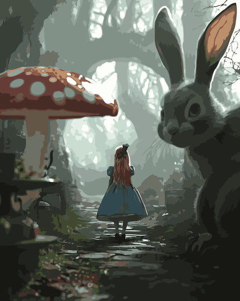 Fantasy painting of a girl in a magical forest with a giant rabbit